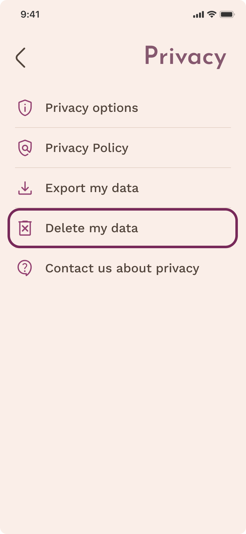 Privacy screen with the Delete my data row highlighted